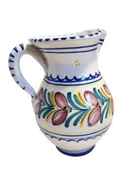 Hand-Painted Ceramic Pitcher Spanish Style Vase Floral Design Vintage Signed